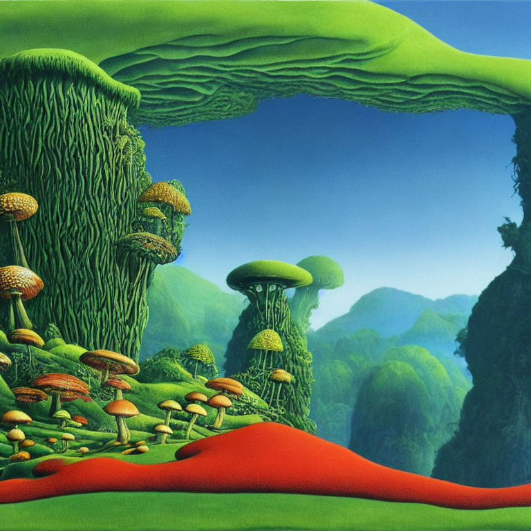 Surreal Landscape with Red Pathway and Oversized Mushrooms