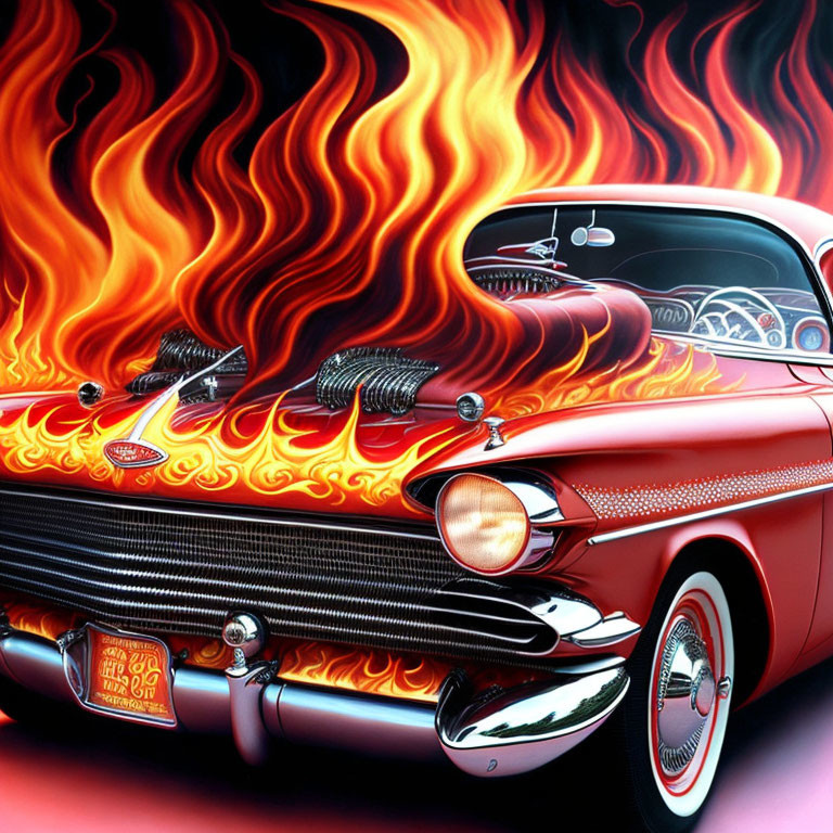 Colorful Artwork of Red Car with Flames Background