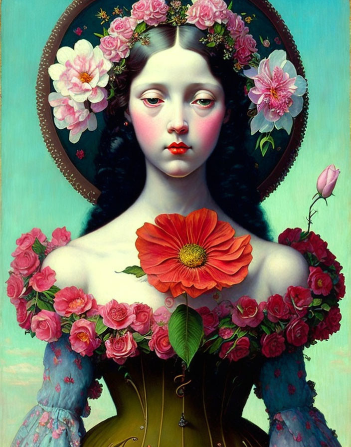 Classical portrait of woman with pale skin and dark hair, floral halo, red flower, blue backdrop