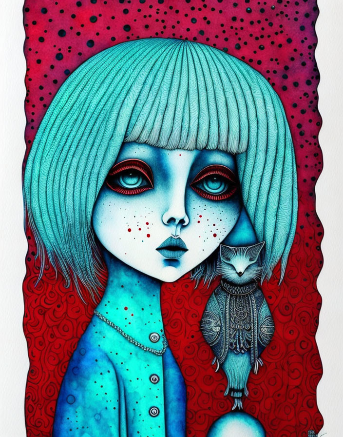 Stylized illustration: Girl with blue skin and owl on red-purple background