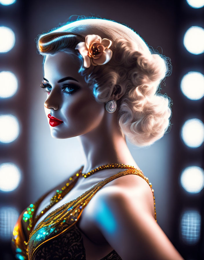 Vintage-Style Portrait of Woman in Glamorous Makeup and Sequined Dress