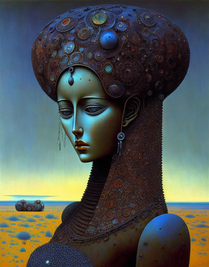 Humanoid Figure with Mechanical Headpiece in Blue Landscape with Orbs