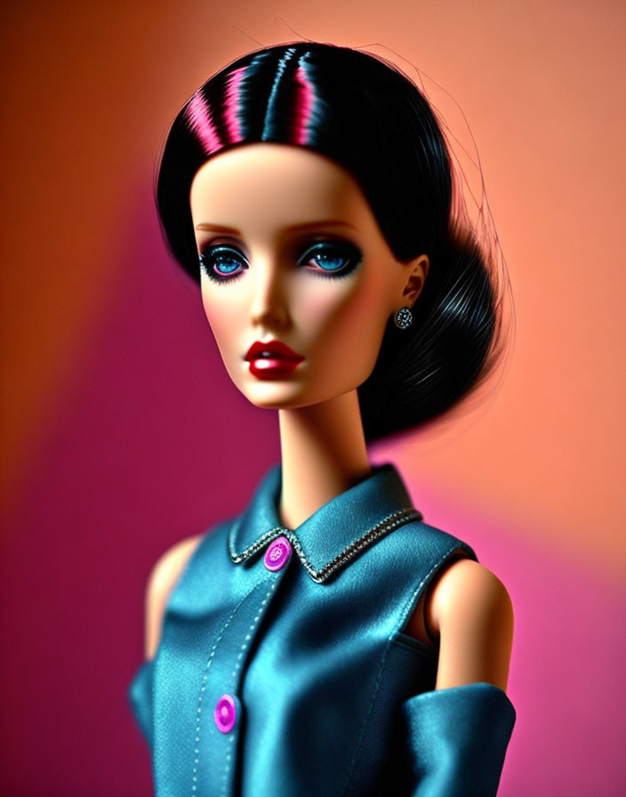 Dark-Haired Doll in Teal Dress with Pink Stripe on Orange Background