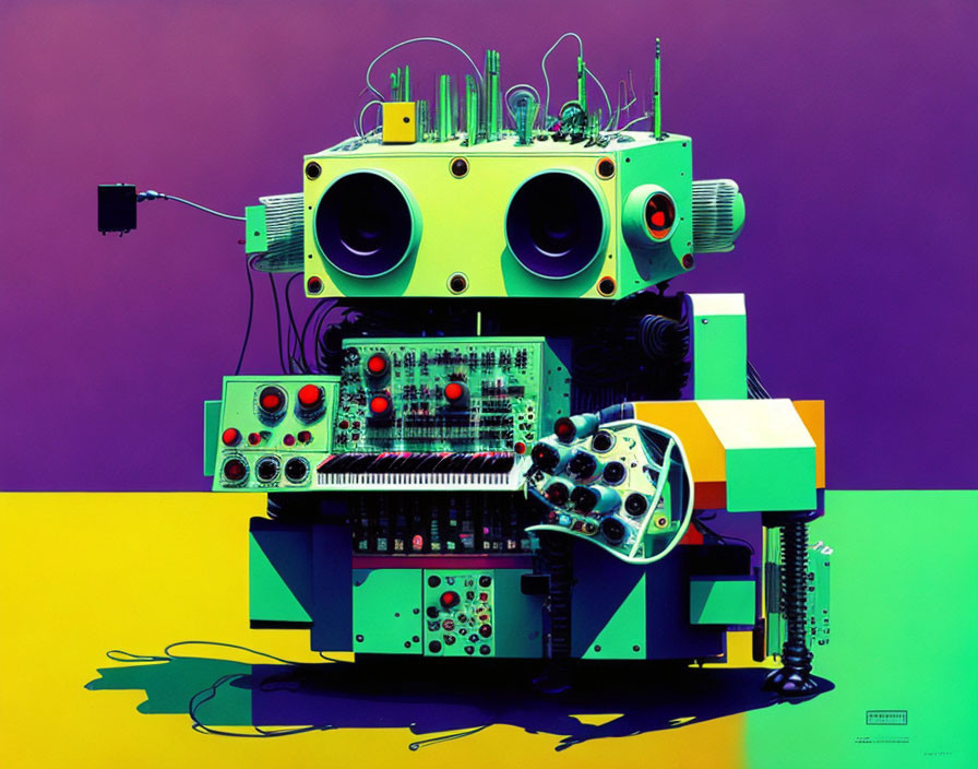 Whimsical retro-futuristic machine on colorful background