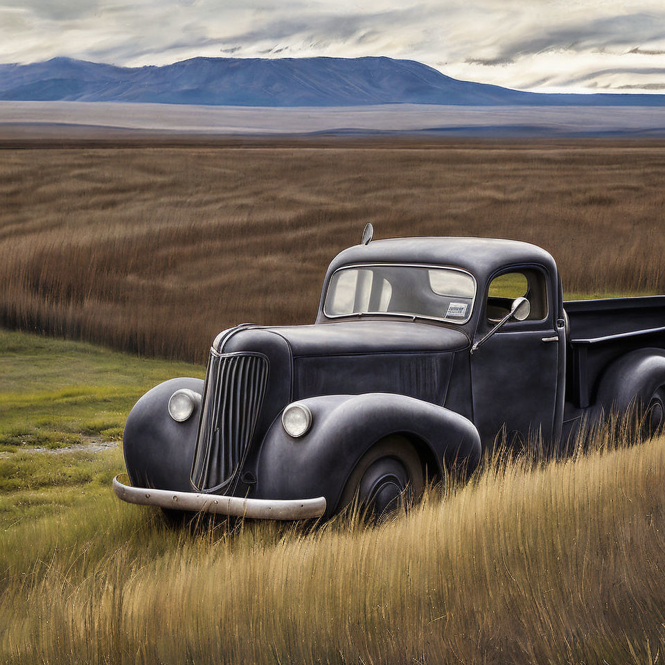 Classic Pickup Truck in Field with Mountain Backdrop