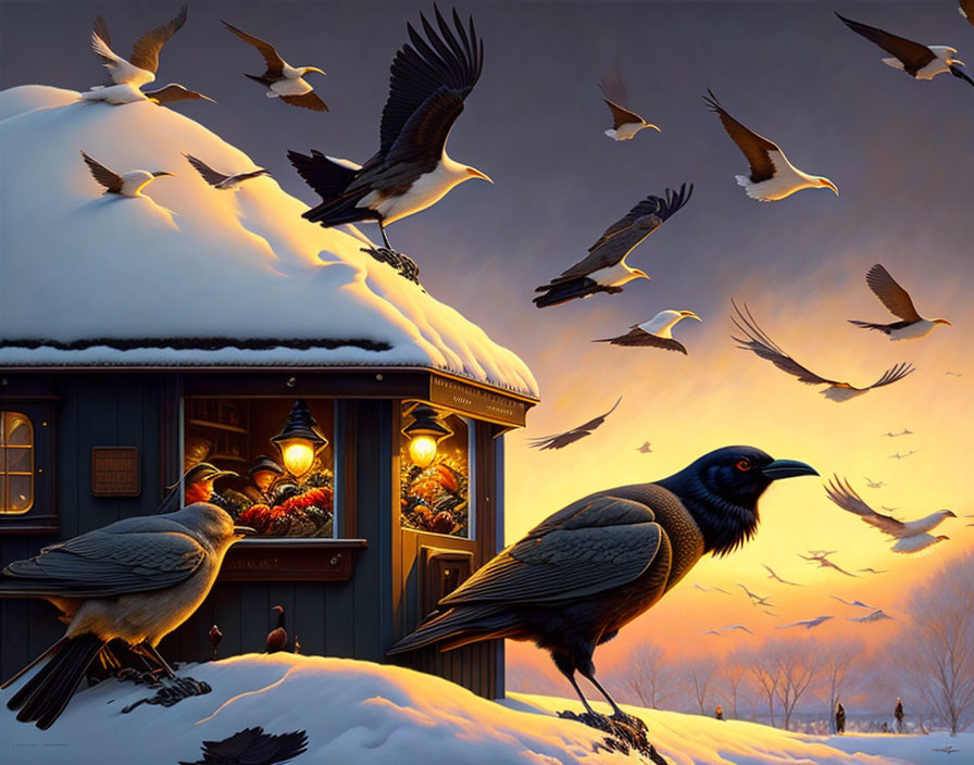 Snow-covered house with lantern and birds in serene winter evening scene