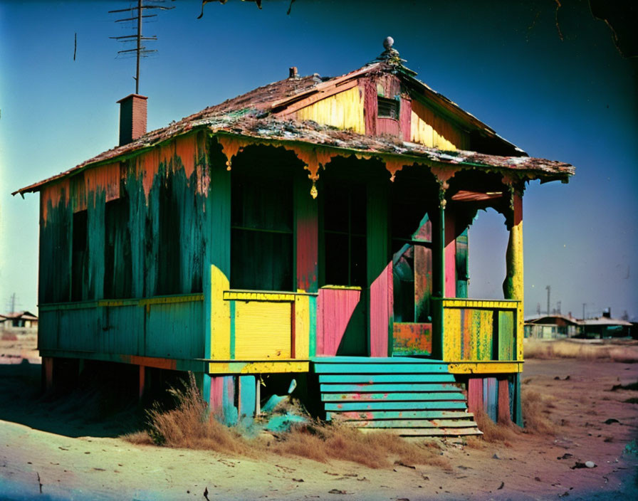 Dilapidated wooden house with red roof, green walls, and yellow trim in dry landscape