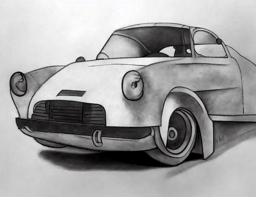 Detailed pencil sketch of vintage car with round headlights and sleek design.