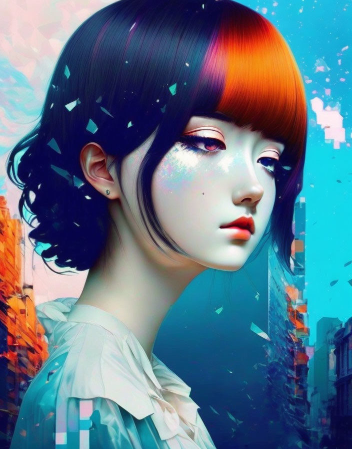 Colorful Hair Woman with Abstract Cityscape Background and Sparkling Makeup