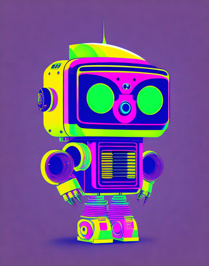 Colorful Retro-Style Robot Illustration on Purple Background