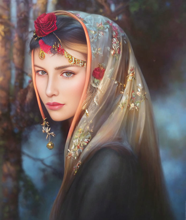 Woman with Translucent Veil and Red Roses in Forest Setting