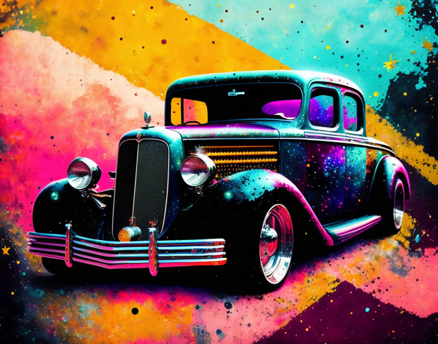 Colorful Classic Car with Cosmic Paint Job on Abstract Starry Background