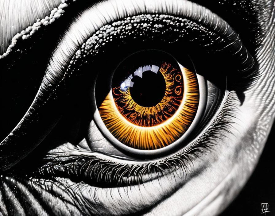 Detailed Close-Up of Human Eye with Golden Iris and Reflection in Black & White