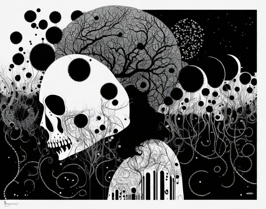 Monochrome artistic illustration of two human skulls among intricate patterns