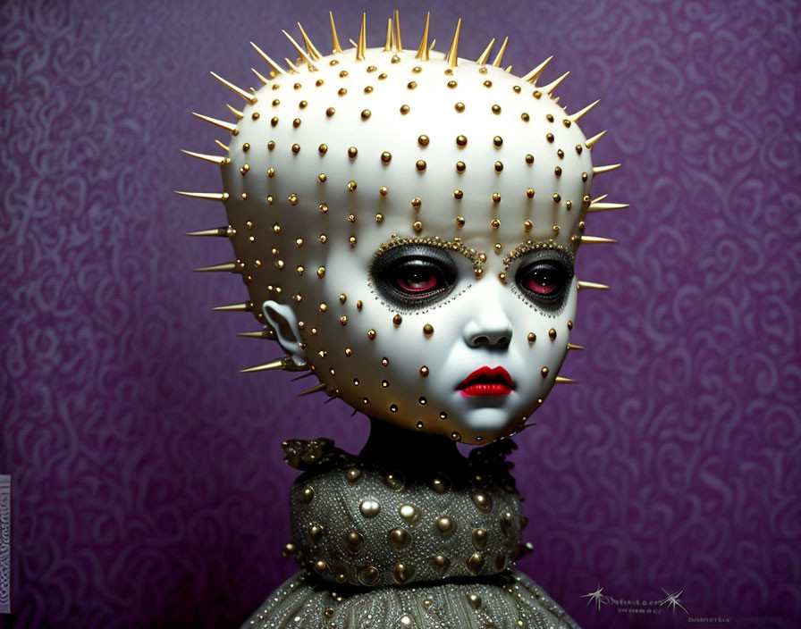 Spiked head doll with black eyes in studded dress on purple background