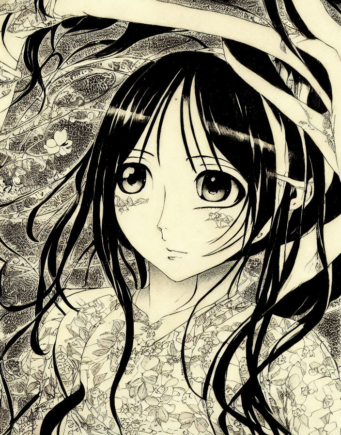 Detailed illustration of girl with large eyes, flowing hair, flower patterns, ornate background