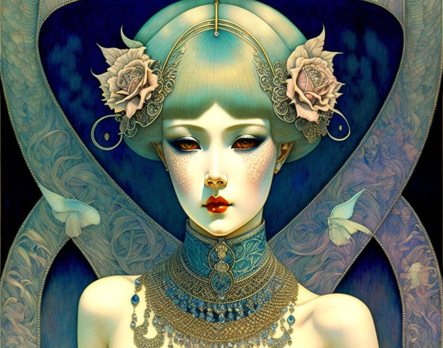 Stylized portrait of woman with pale skin and blue hair adorned with roses