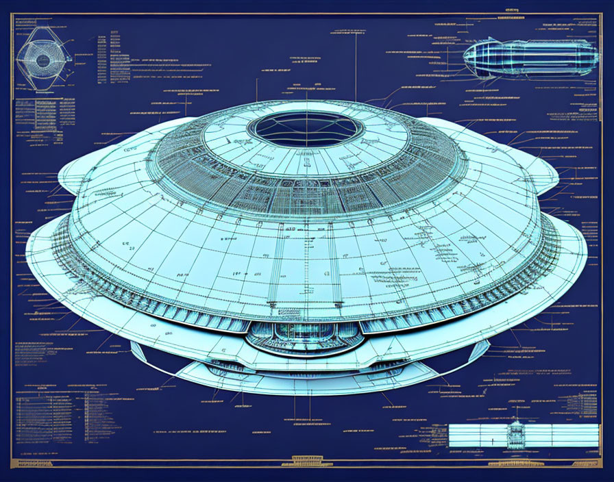 Detailed Blueprint of Flying Saucer-Style Spacecraft with Annotations and Specifications on Blue Background