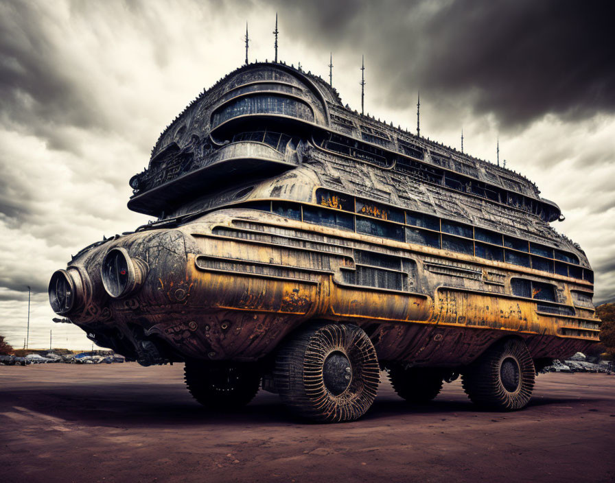 Futuristic vehicle with antennas under dramatic cloudy sky