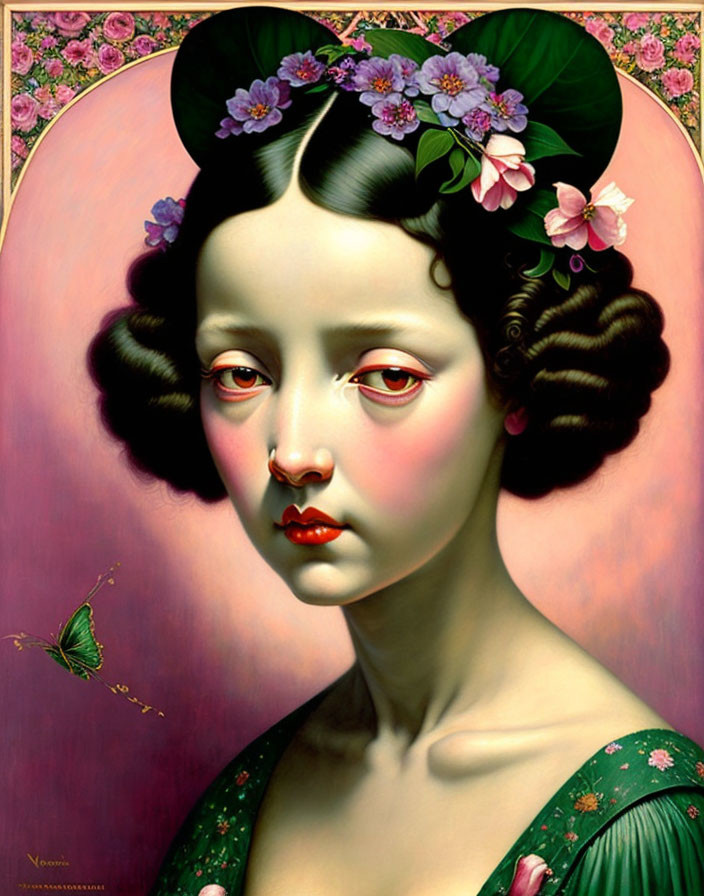 Portrait of woman with pale skin, dark patterned hair, flowers, red lips, and butterfly on