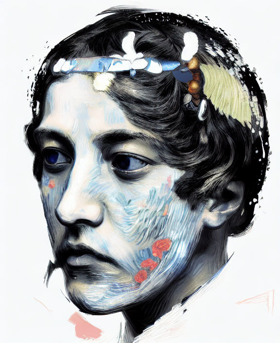 Expressive portrait with headband, bold brushstrokes, blue and red accents