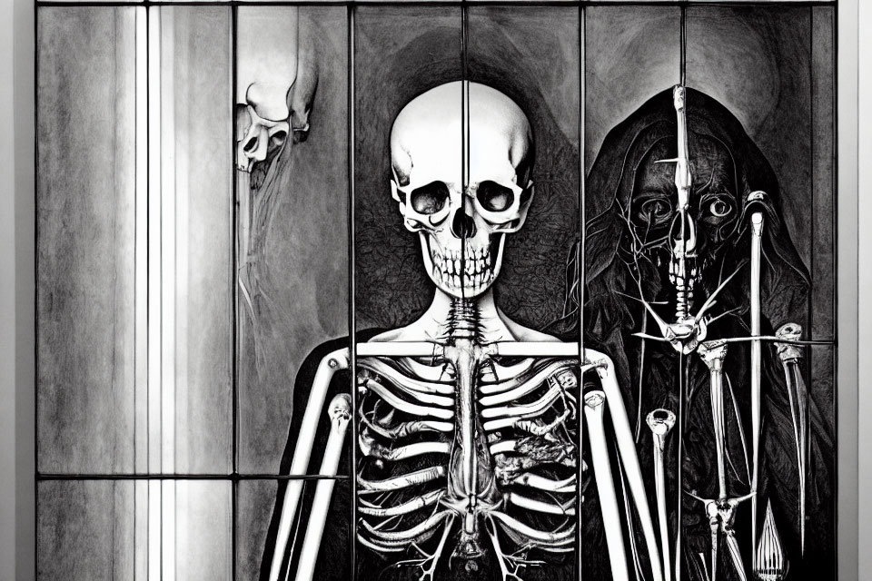 Monochromatic triptych art: stylized skull, full skeletal figure, hooded skeletal figure