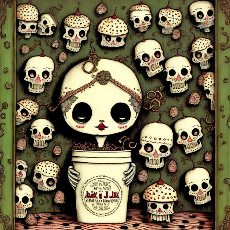 Wide-eyed character with flower headband amid skulls on patterned background