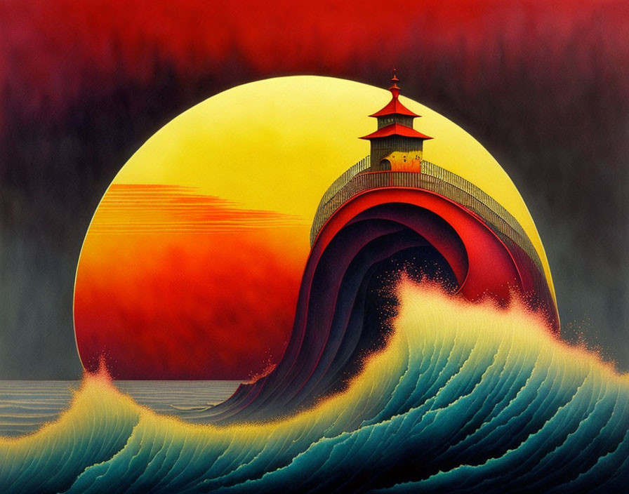 Illustration: Vibrant wave around red pagoda at sunset