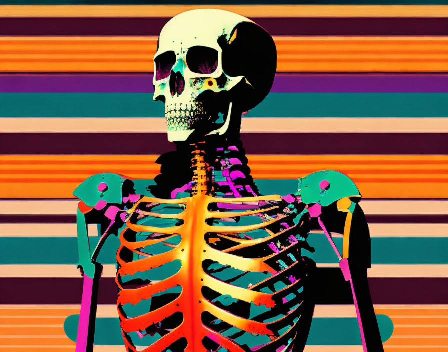 Vibrant digital artwork: neon skeleton on colorful background