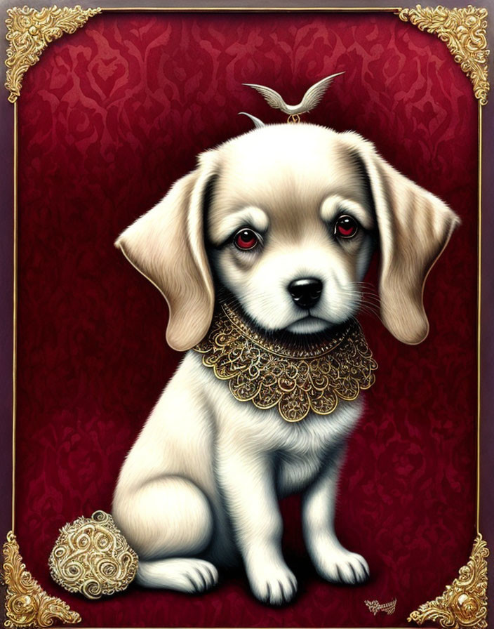 Illustrated puppy with expressive eyes on red ornate background.