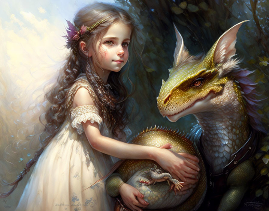 Young girl embraces friendly dragon in sunlit forest scene