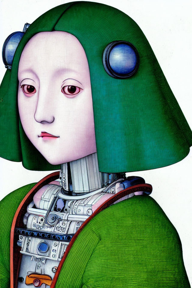 Female humanoid figure with mechanical neck, green garment, and helmet-like headgear with circular attachments.