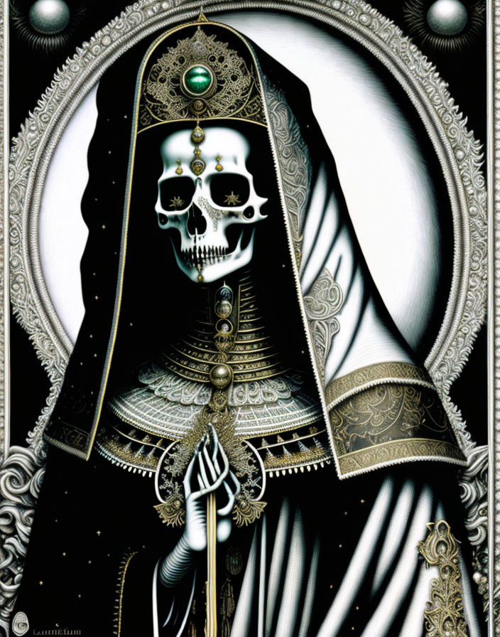 Skeletal figure in ornate dark robe with gold and gemstone details