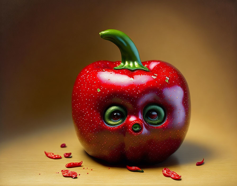 Red Bell Pepper with Face and Water Droplets on Wooden Surface