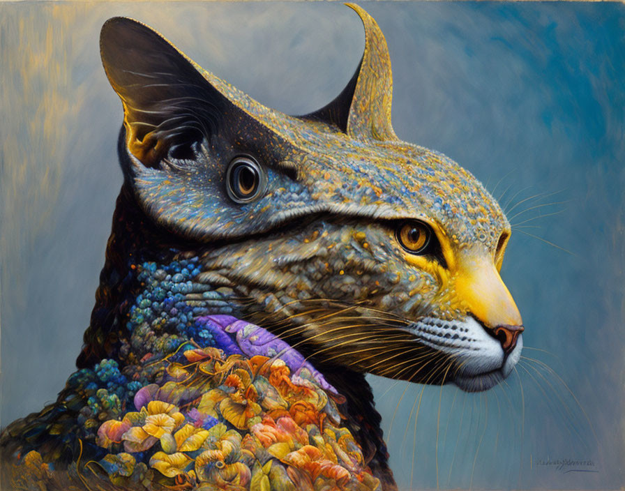 Surreal painting: feline-headed animal with horn and scales