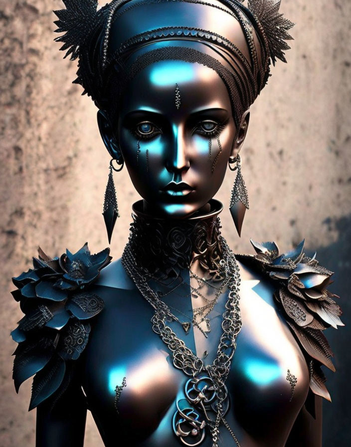 Blue-skinned feminine figure adorned with intricate jewelry and feathered headdress.