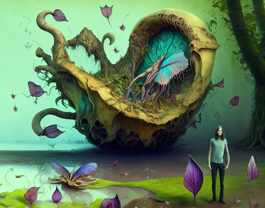 Surreal scene: person, giant skull, colorful winged creature, oversized foliage, butterflies