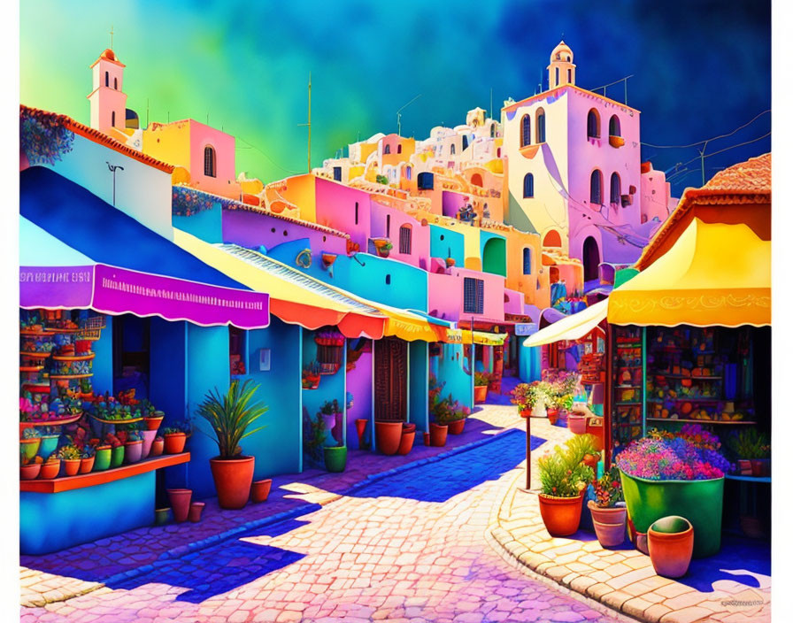 Colorful street scene with bright buildings and market stalls under blue sky