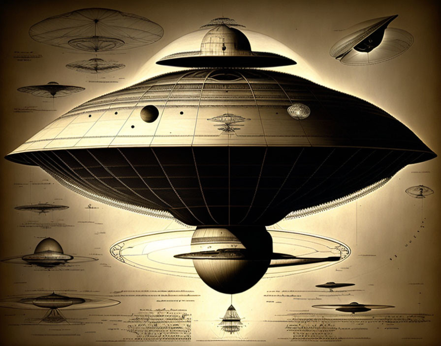 Vintage UFO Designs with Technical Annotations: Old Engineering Blueprints