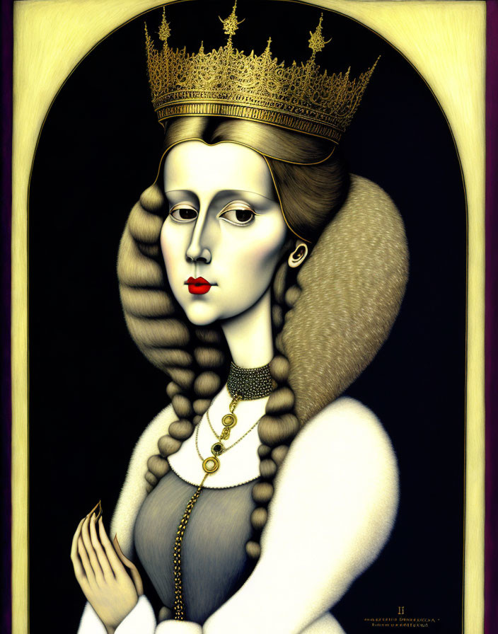 Stylized portrait of woman with crown, voluminous hair, pearl necklace, red lipstick