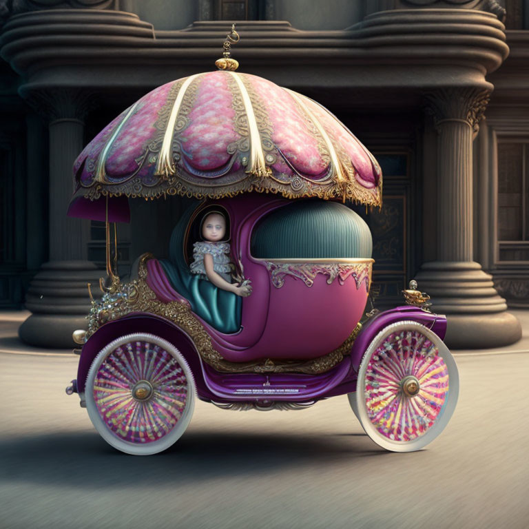 Pink ornate carriage with golden accents and young girl peeking out.