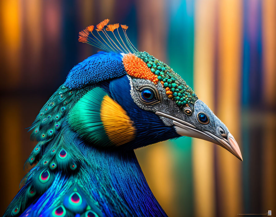 Close-up of vibrant blue and green peacock plumage with detailed texture