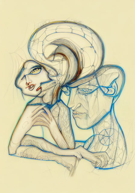 Abstract sketch of two stylized faces with exaggerated features: one feminine with flowing hair, the other masculine