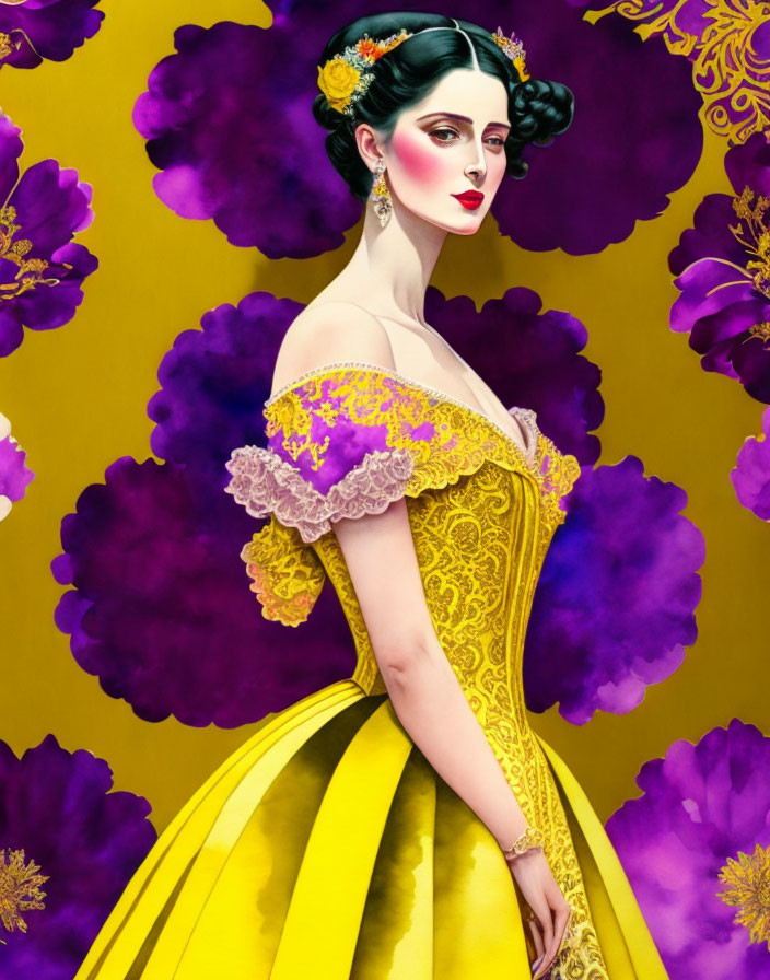 Woman in Vibrant Yellow Dress with Purple Details on Floral Background