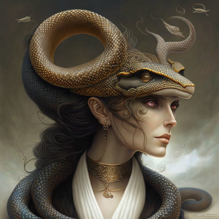 Fantasy portrait of woman with snake-themed headdress and golden details