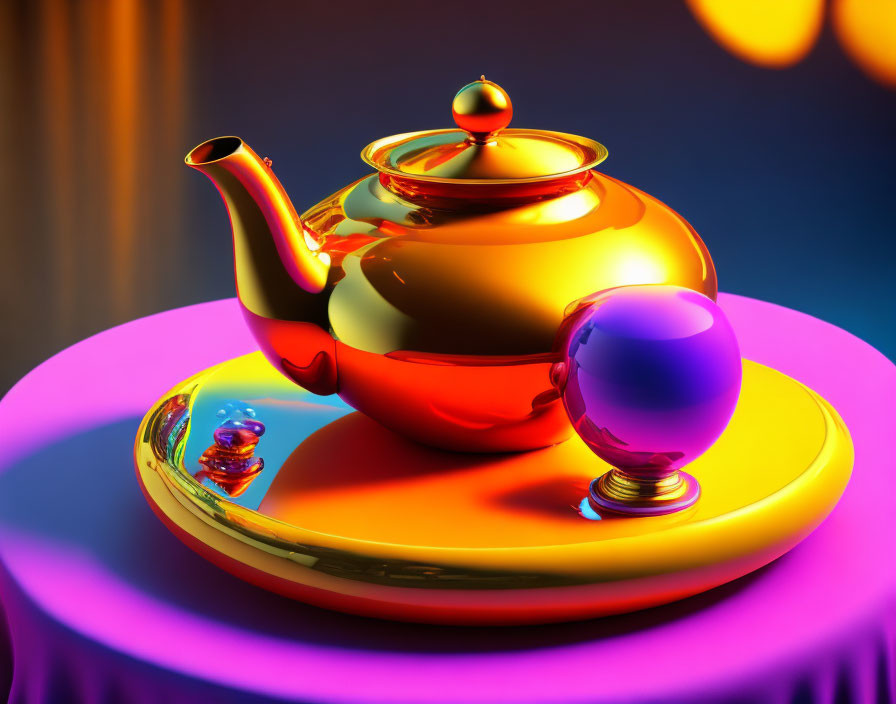 Golden Teapot with Purple and Blue Orbs on Colorful Surface