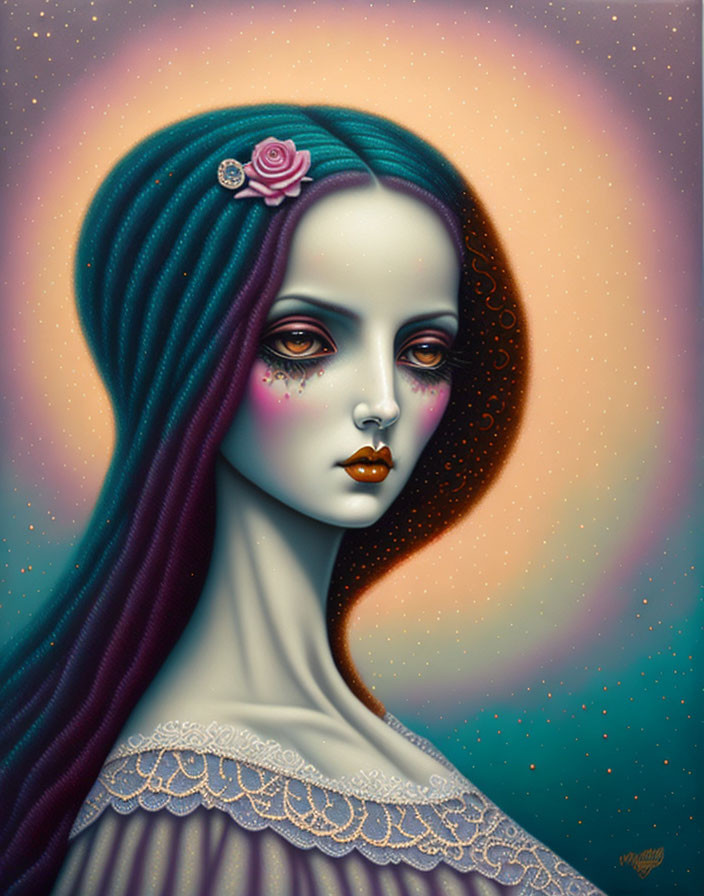 Surreal portrait of woman with elongated neck and gradient blue hair