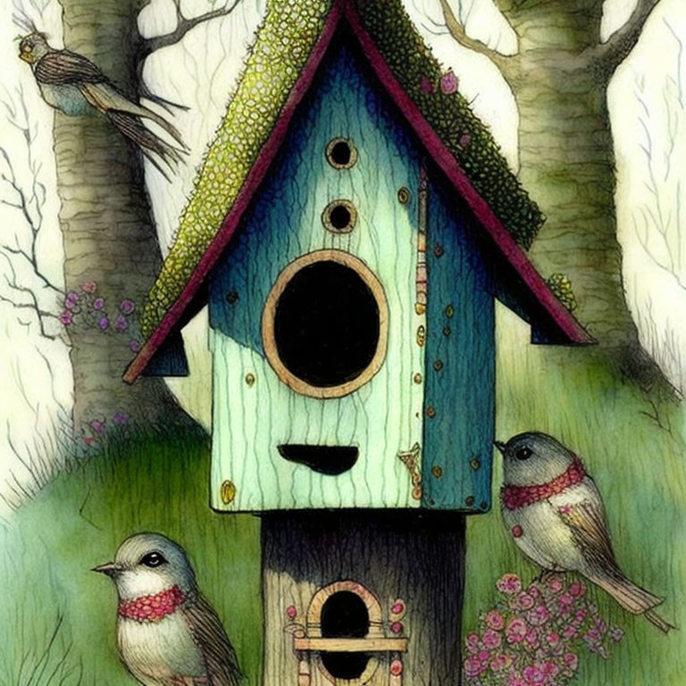 Whimsical birdhouse illustration with birds in nature