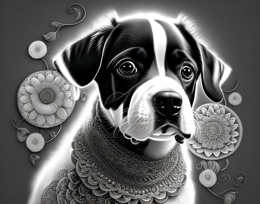 Monochrome digital artwork featuring a dog with intricate floral patterns