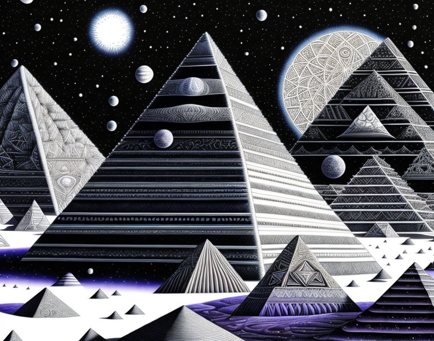 Monochromatic pyramids under starry sky with geometric patterns